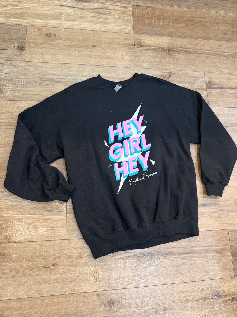 Gildan Black Crewneck Sweatshirt with Pink & Teal Graphic